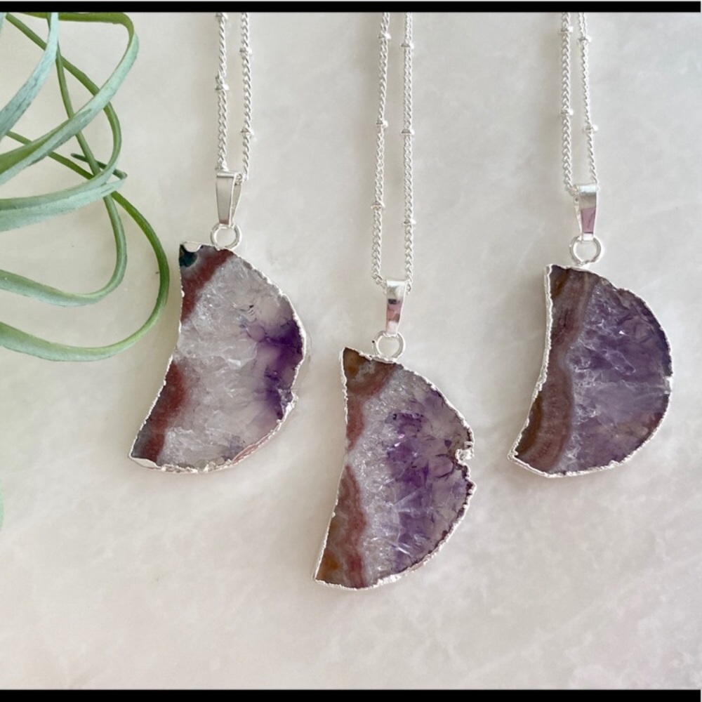 Raw Amethyst Slice Silver Moon Pendant Nec… - Picture 2 of 6